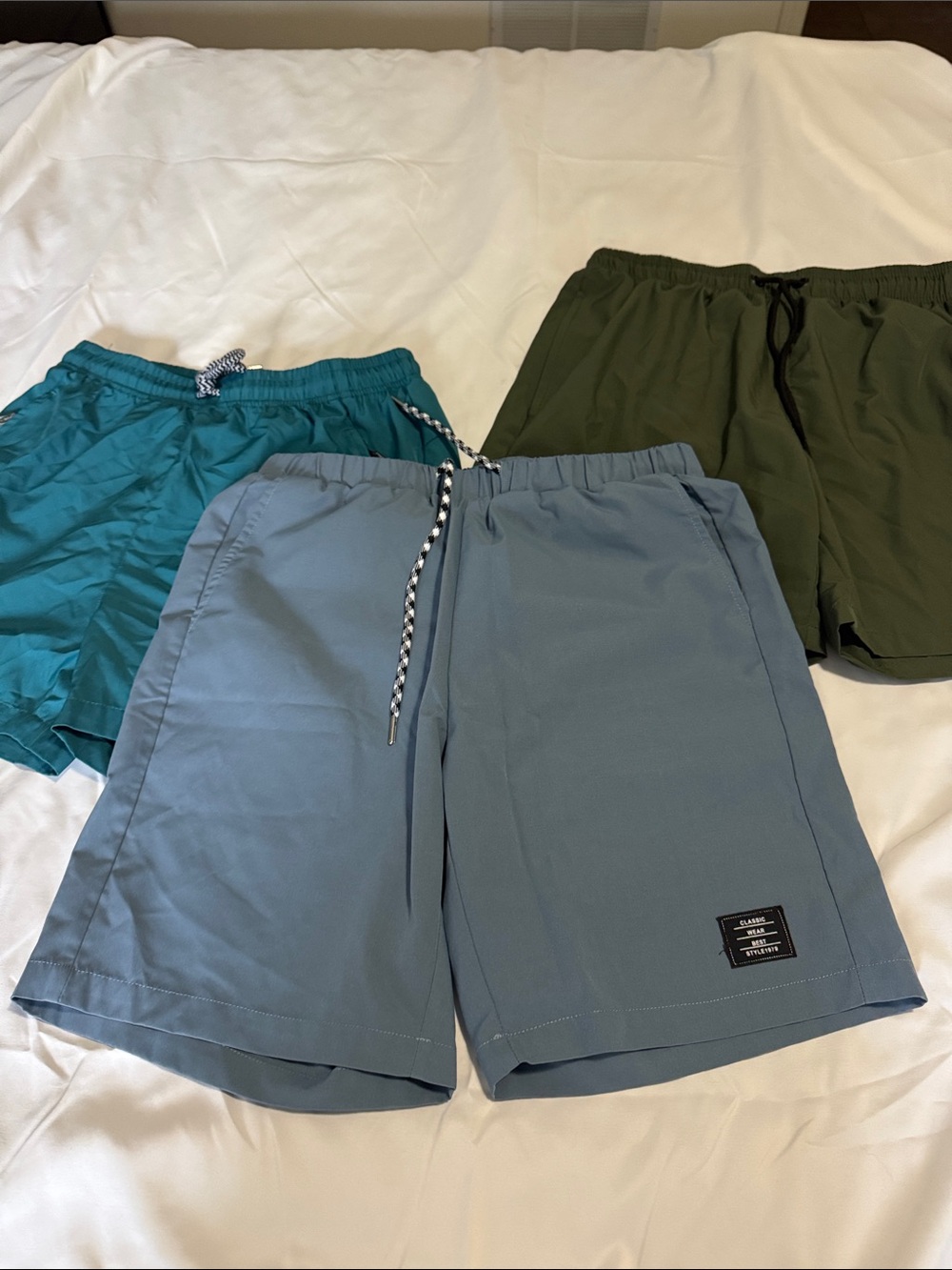 SHEIN Men's Three-Pack Teal, Slate Blue & Olive Athletic Shorts
